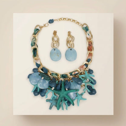 Turquoise Coral Starfish Bib Necklace Set