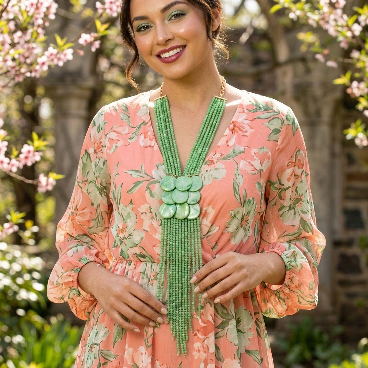 Marbled Green Multi-Strand Beaded Tassel Necklace &amp; Earring Set