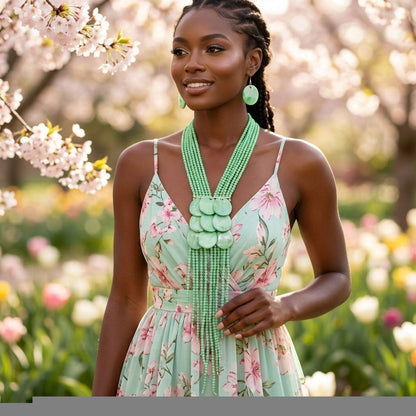 Marbled Green Multi-Strand Beaded Tassel Necklace &amp; Earring Set