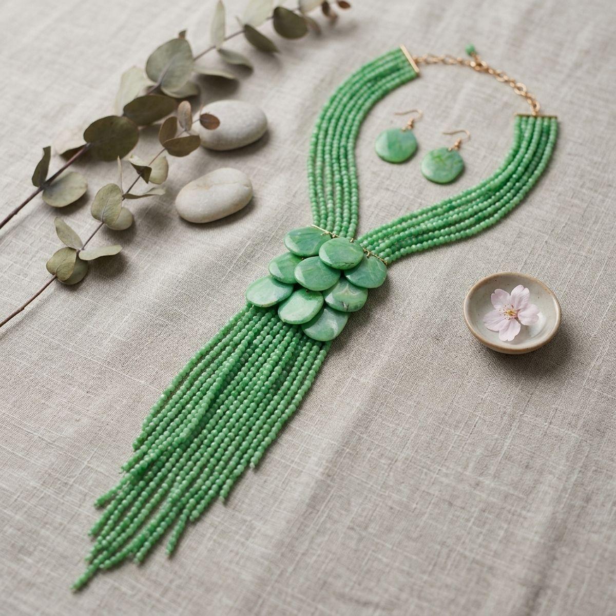 Marbled Green Multi-Strand Beaded Tassel Necklace &amp; Earring Set