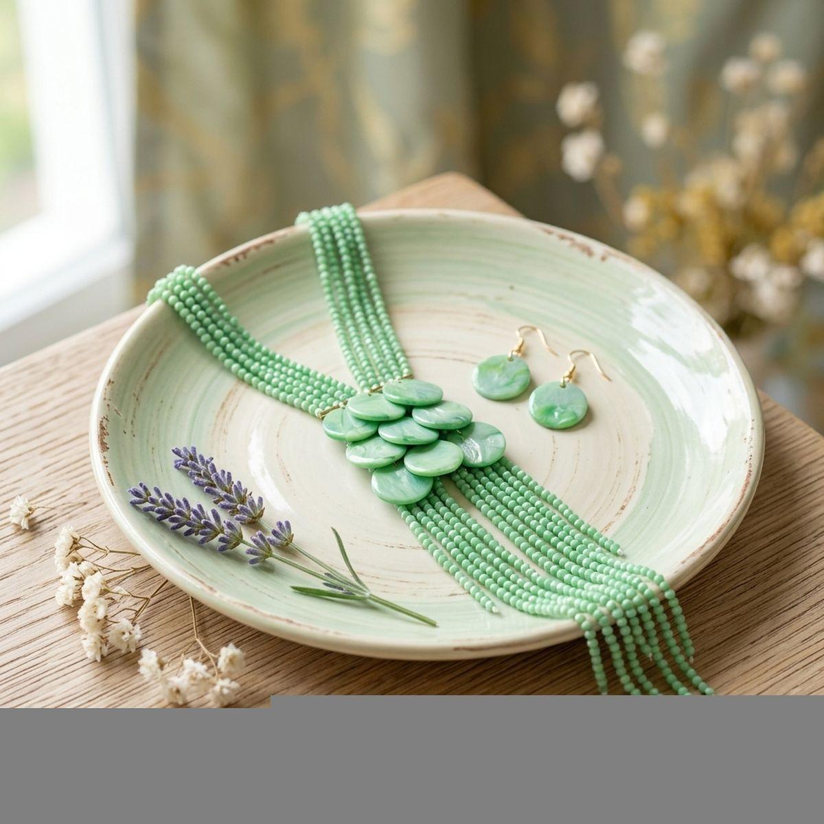 Marbled Green Multi-Strand Beaded Tassel Necklace &amp; Earring Set