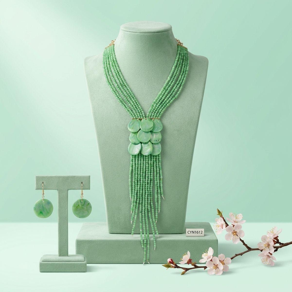 Marbled Green Multi-Strand Beaded Tassel Necklace &amp; Earring Set