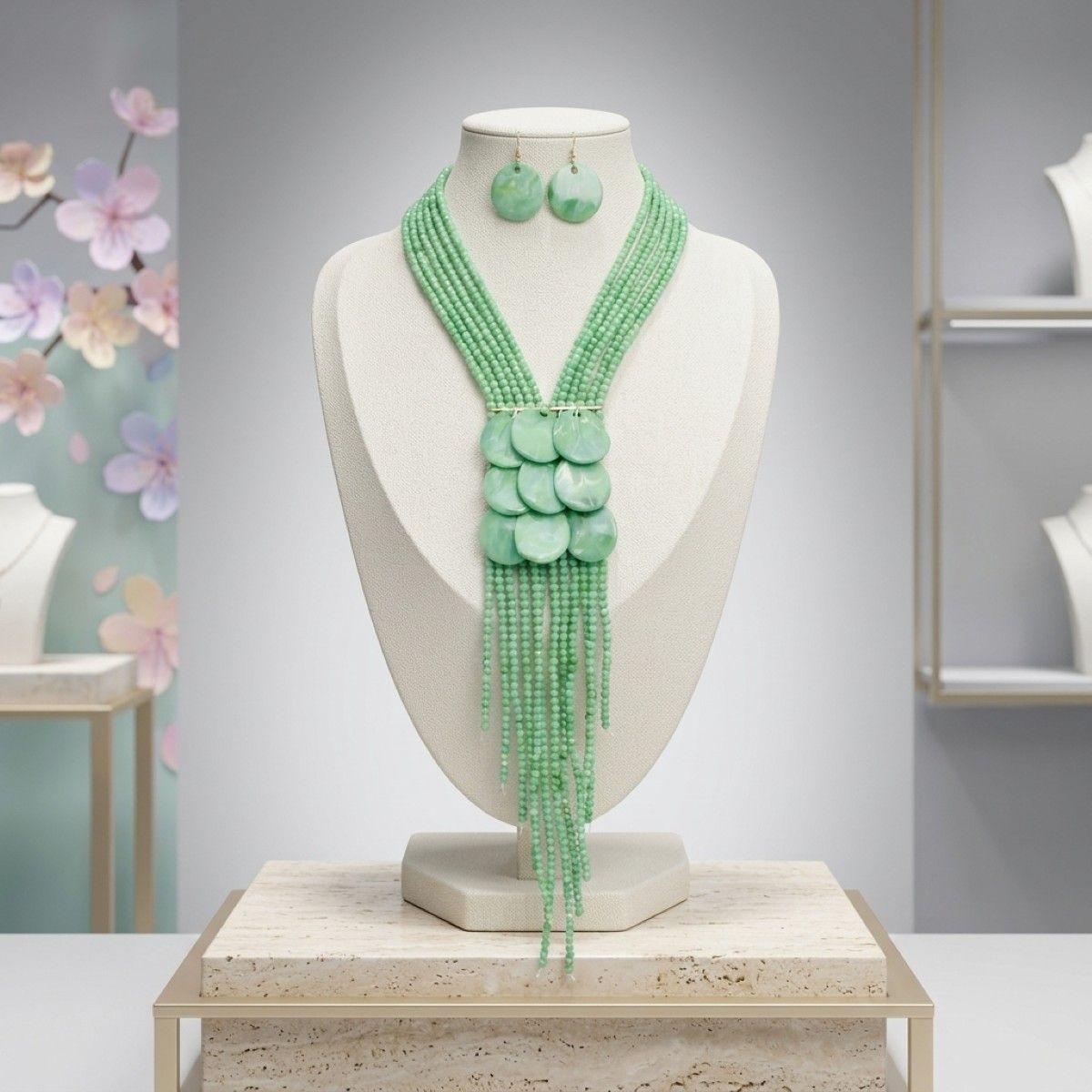 Marbled Green Multi-Strand Beaded Tassel Necklace &amp; Earring Set