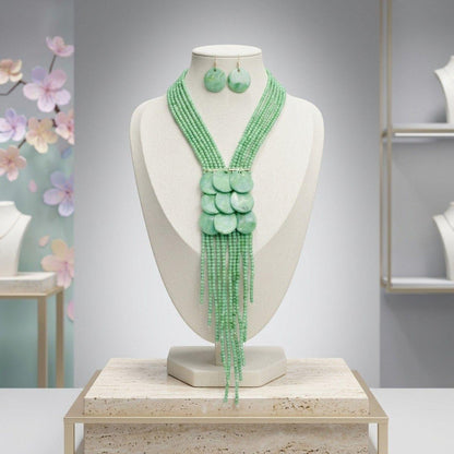 Marbled Green Multi-Strand Beaded Tassel Necklace &amp; Earring Set