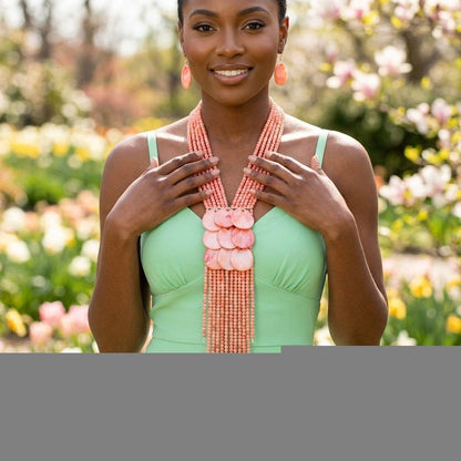 Marbled Pink Bead Multi Strand Tassel Necklace