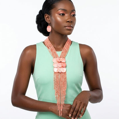 Marbled Pink Bead Multi Strand Tassel Necklace
