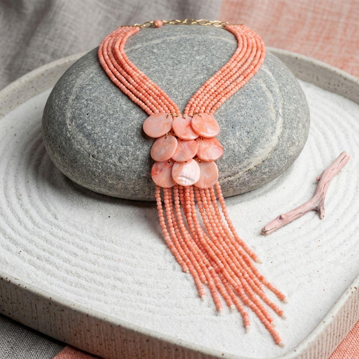 Marbled Pink Bead Multi Strand Tassel Necklace