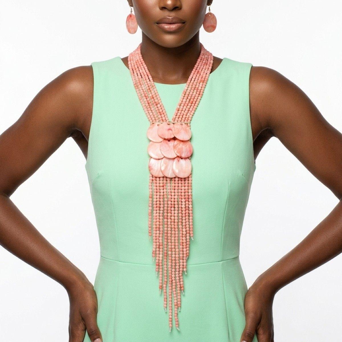 Marbled Pink Bead Multi Strand Tassel Necklace