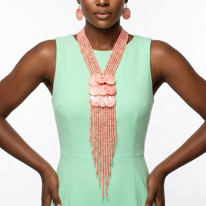 Marbled Pink Bead Multi Strand Tassel Necklace
