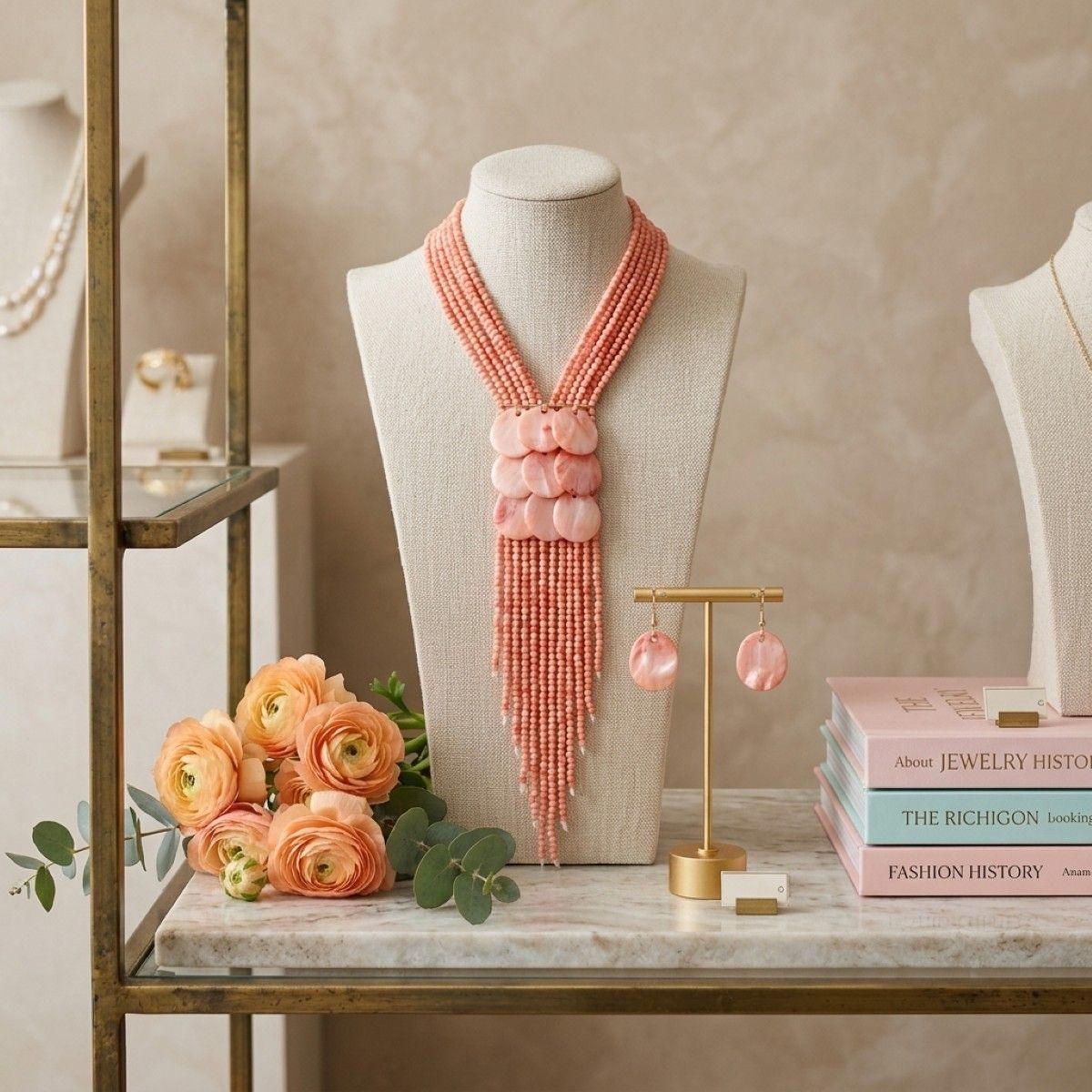 Marbled Pink Bead Multi Strand Tassel Necklace