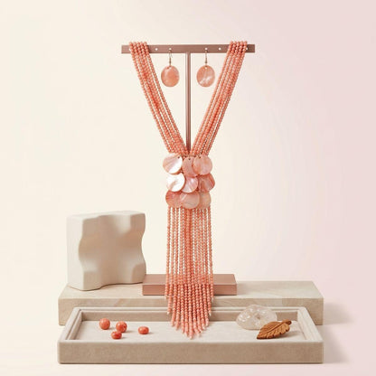 Marbled Pink Bead Multi Strand Tassel Necklace
