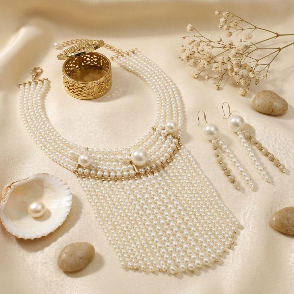 Waterfall Fringe Cream Pearl Bib Necklace
