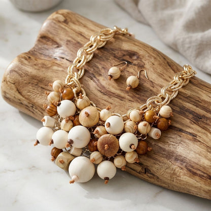 Natural Wood Chunky Geometric Bead Bib Necklace