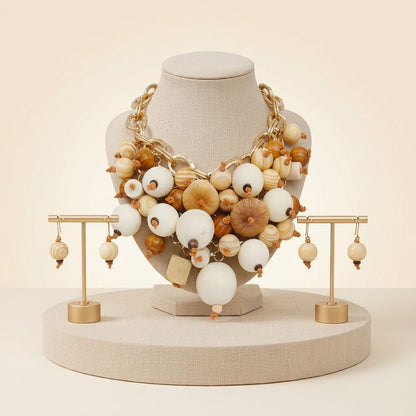 Natural Wood Chunky Geometric Bead Bib Necklace