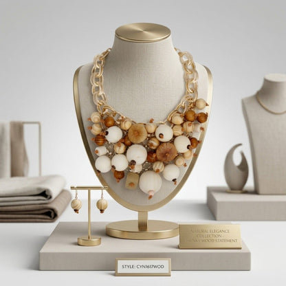 Natural Wood Chunky Geometric Bead Bib Necklace