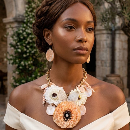 Floral Butterfly Bib Necklace Set | Ivory Peony &amp; Peach Statement Piece