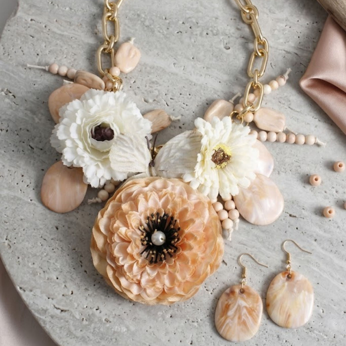 Floral Butterfly Bib Necklace Set | Ivory Peony &amp; Peach Statement Piece