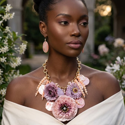 Lavender Peony &amp; Butterfly Floral Bib Necklace &amp; Earring Set