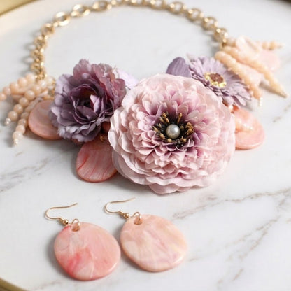 Lavender Peony &amp; Butterfly Floral Bib Necklace &amp; Earring Set