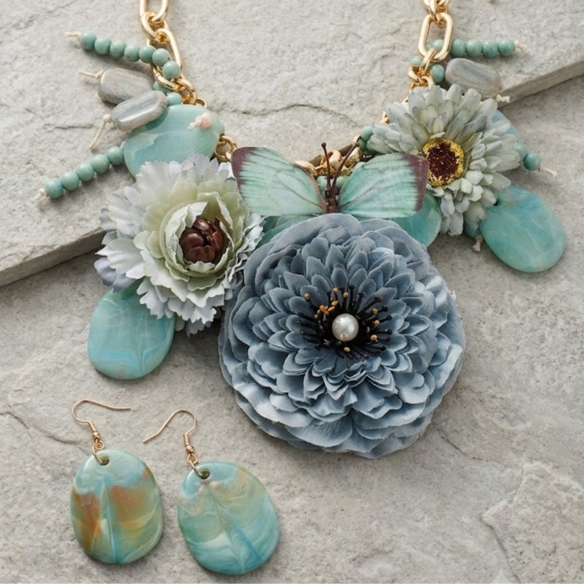 Turquoise Peony &amp; Butterfly Floral Bib Necklace &amp; Earring Set