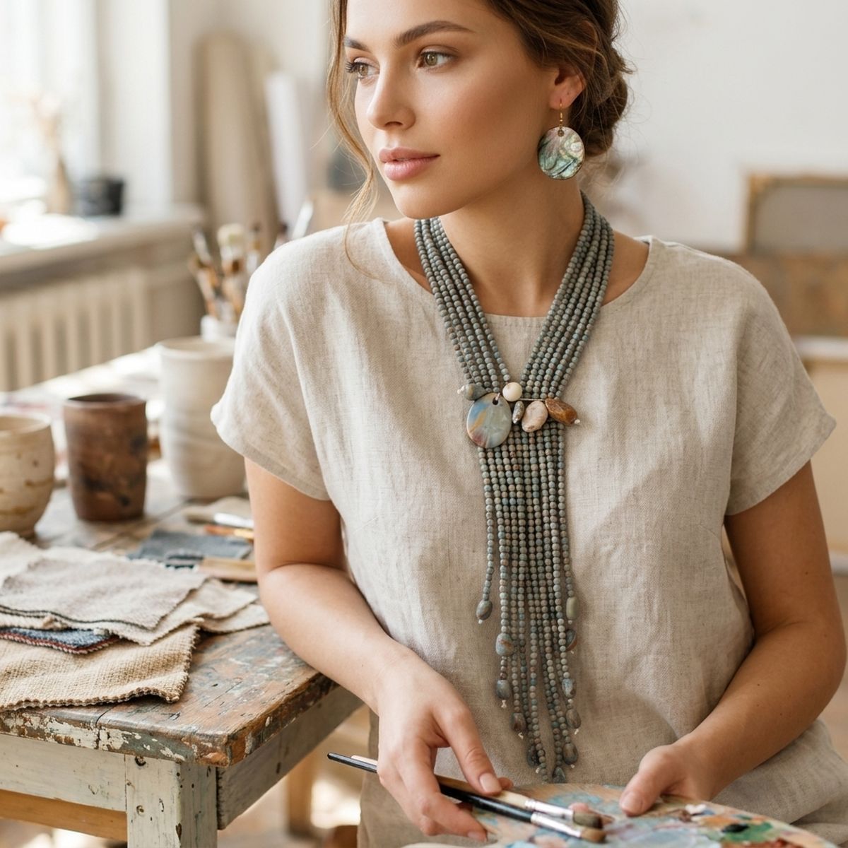 Marbled Gray &amp; Turquoise Resin Bead Tassel Y Necklace &amp; Earring Set
