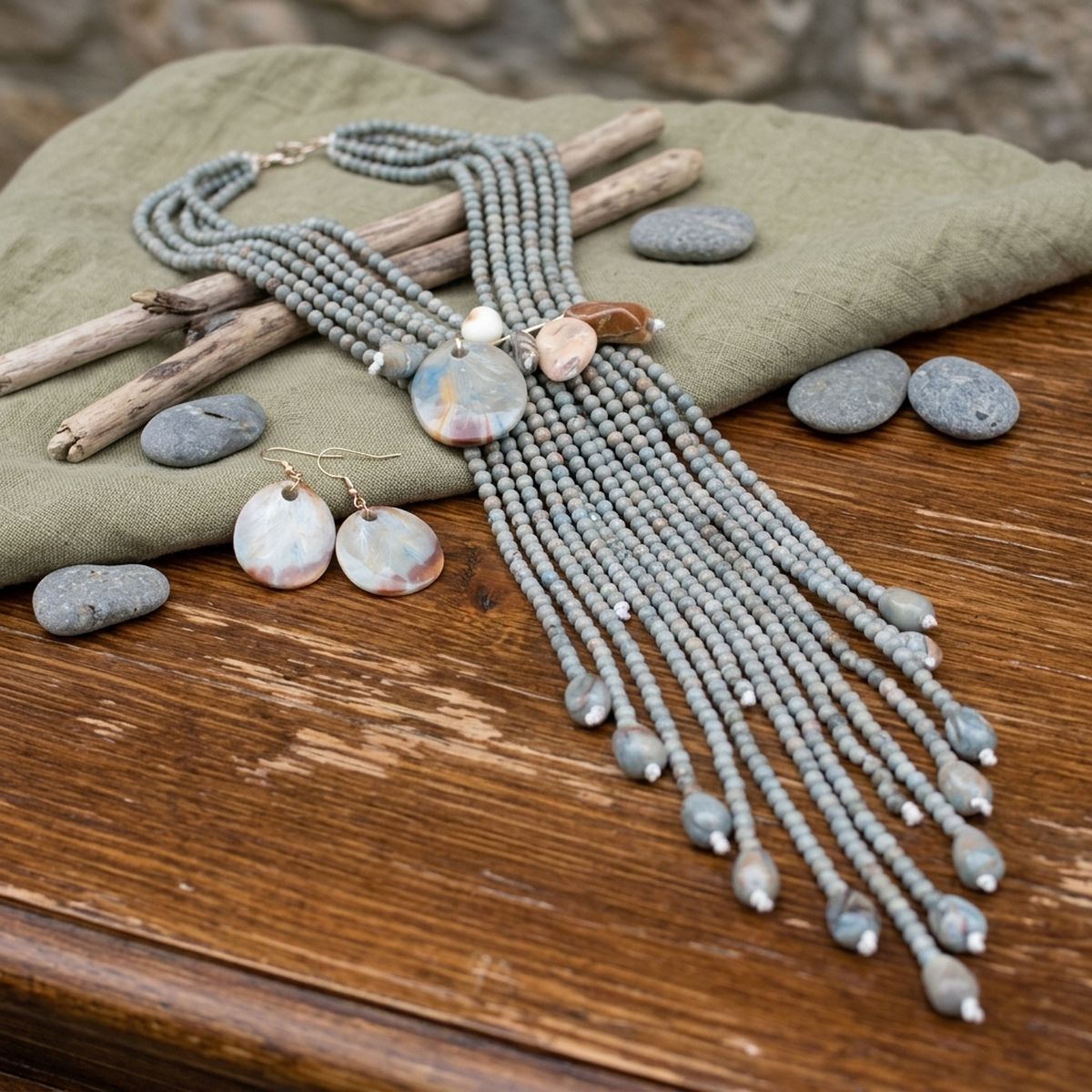 Marbled Gray &amp; Turquoise Resin Bead Tassel Y Necklace &amp; Earring Set