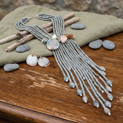 Marbled Gray &amp; Turquoise Resin Bead Tassel Y Necklace &amp; Earring Set