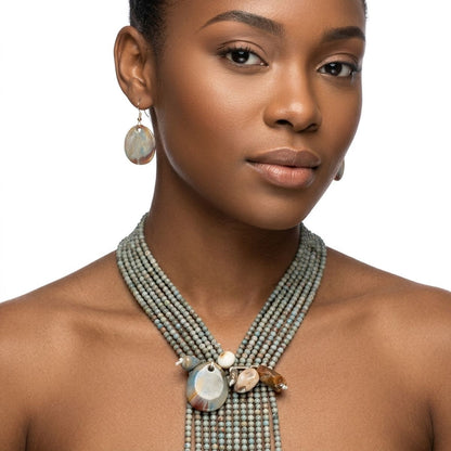 Marbled Gray &amp; Turquoise Resin Bead Tassel Y Necklace &amp; Earring Set