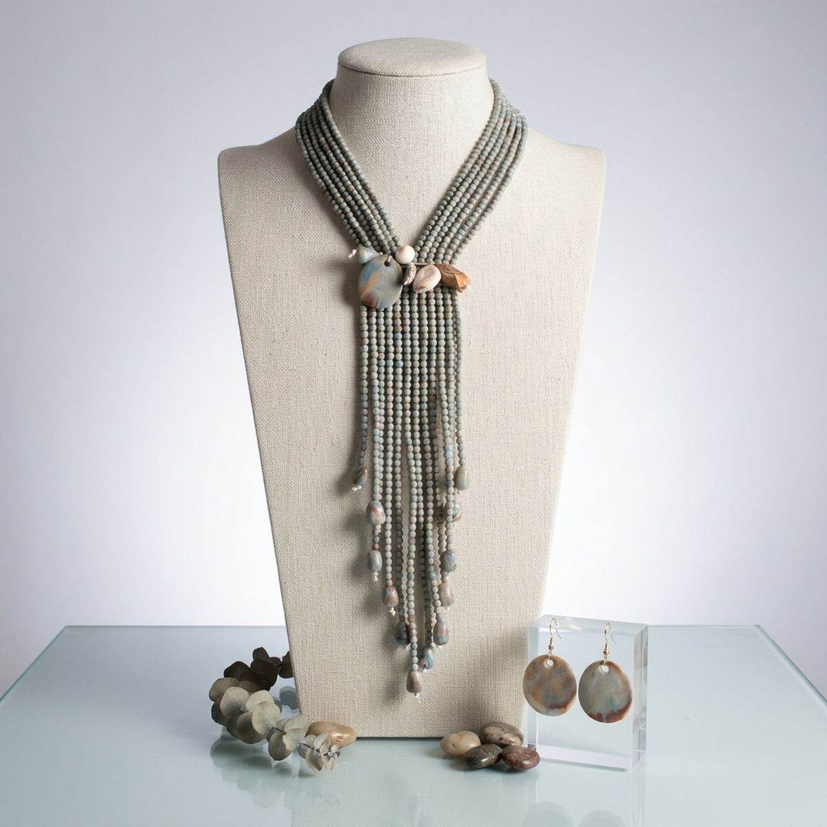 Marbled Gray &amp; Turquoise Resin Bead Tassel Y Necklace &amp; Earring Set