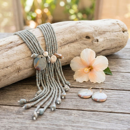 Marbled Gray &amp; Turquoise Resin Bead Tassel Y Necklace &amp; Earring Set