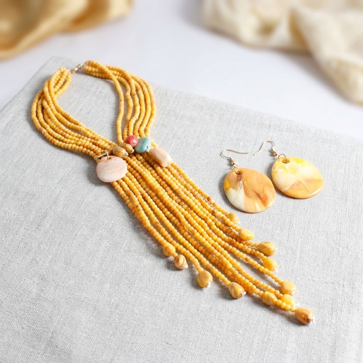 Mustard &amp; Stone Beaded Tassel Y Necklace Set with Earrings