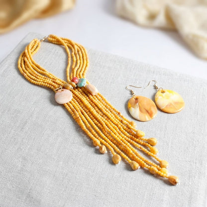 Mustard &amp; Stone Beaded Tassel Y Necklace Set with Earrings