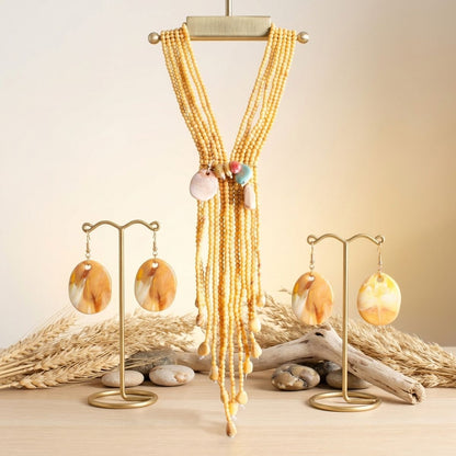 Mustard &amp; Stone Beaded Tassel Y Necklace Set with Earrings