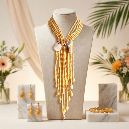 Mustard &amp; Stone Beaded Tassel Y Necklace Set with Earrings