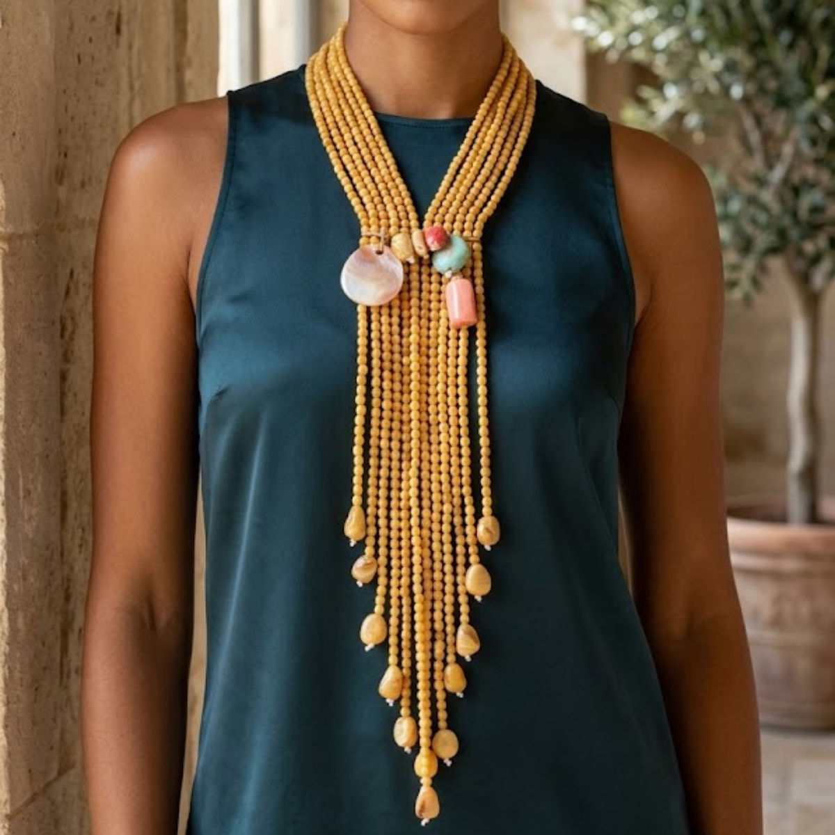 Mustard &amp; Stone Beaded Tassel Y Necklace Set with Earrings