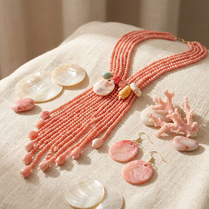 Marbled Pink Resin Bead Tassel Y Necklace &amp; Earring Set