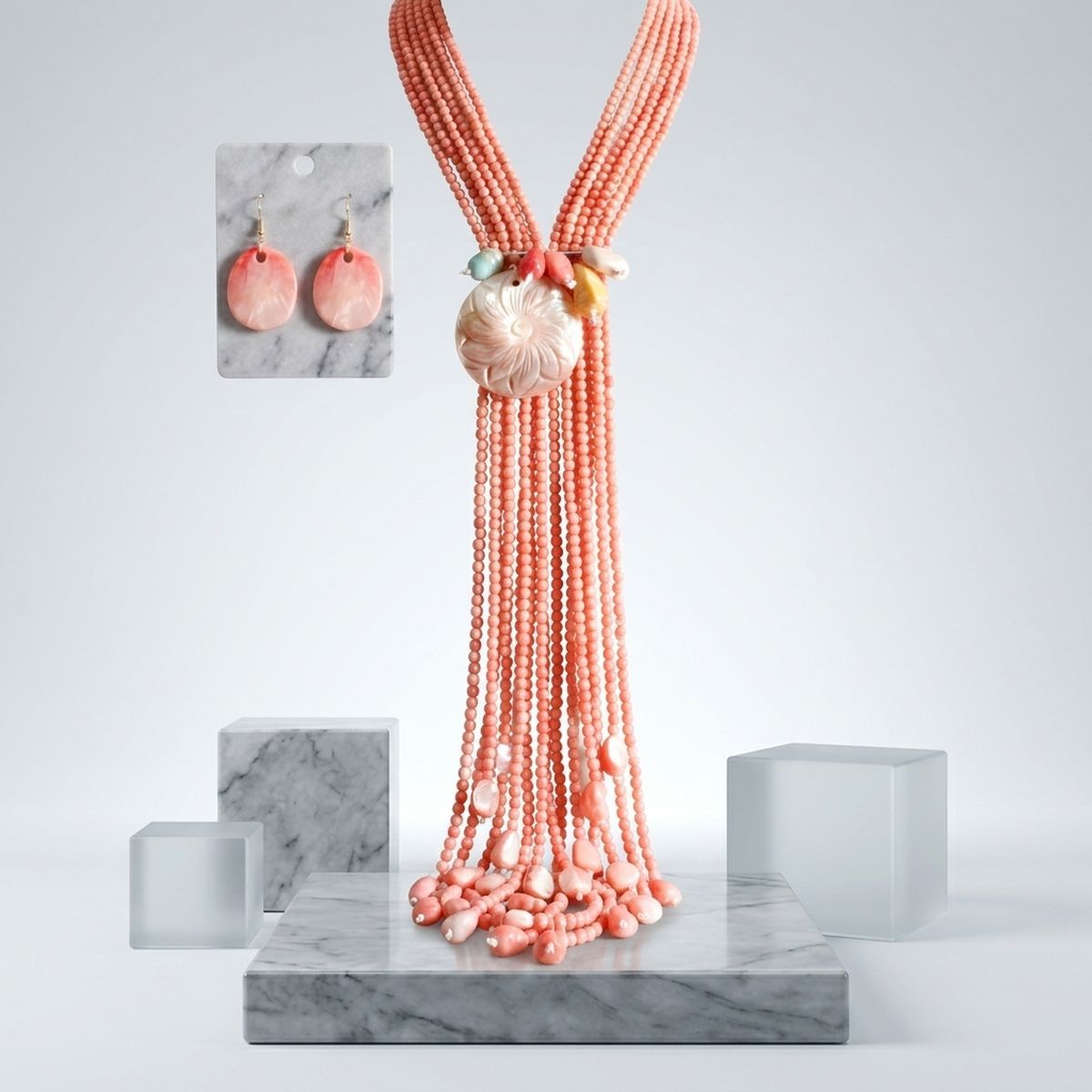 Marbled Pink Resin Bead Tassel Y Necklace &amp; Earring Set