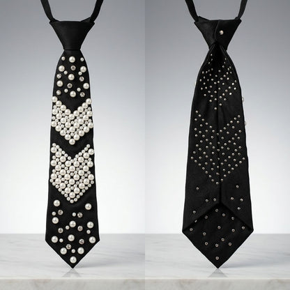 Black Chevron Pearl Studded Necktie Necklace with Rhinestone Accents