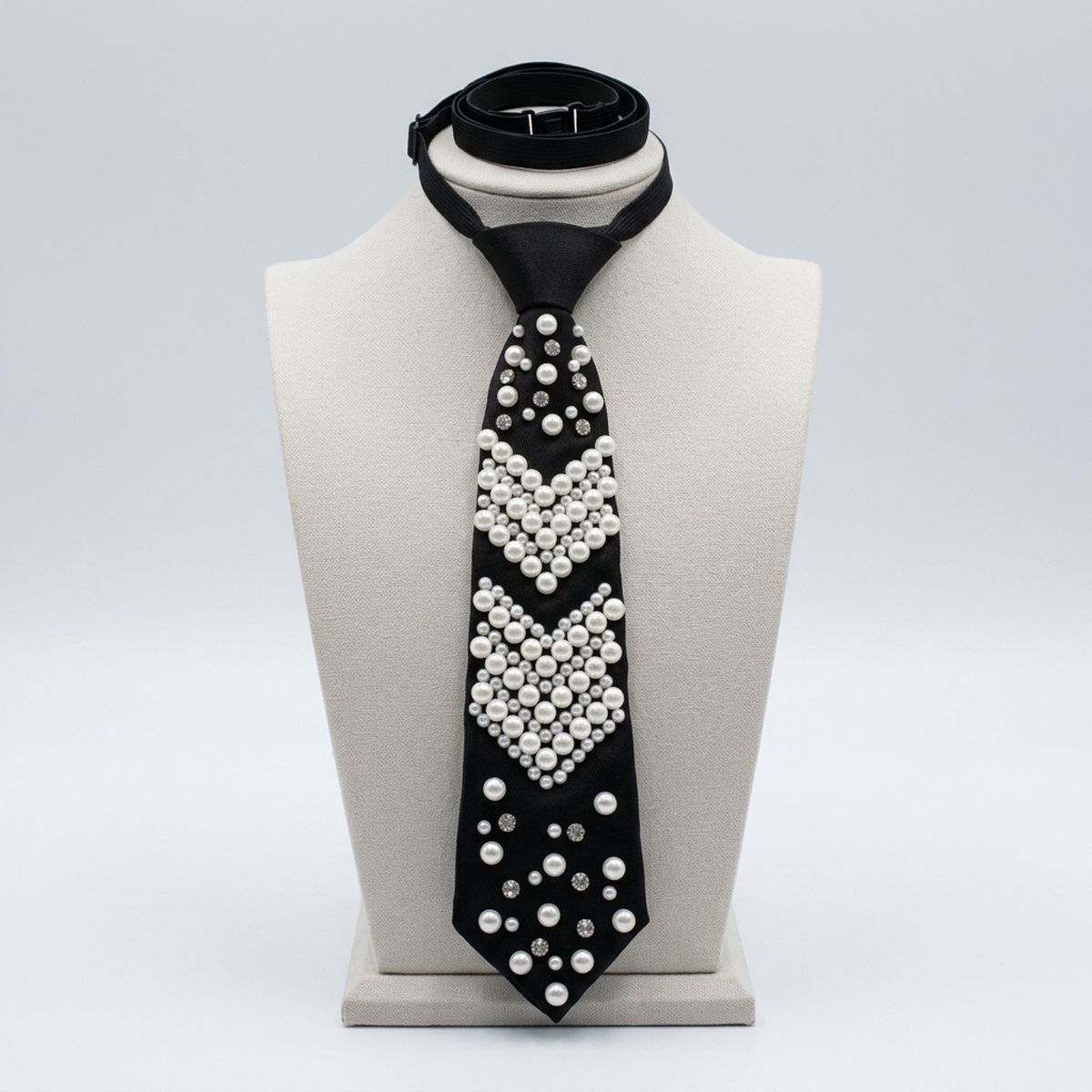 Black Chevron Pearl Studded Necktie Necklace with Rhinestone Accents