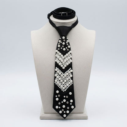 Black Chevron Pearl Studded Necktie Necklace with Rhinestone Accents