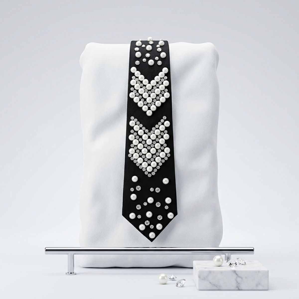 Black Chevron Pearl Studded Necktie Necklace with Rhinestone Accents