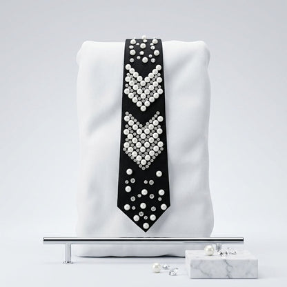 Black Chevron Pearl Studded Necktie Necklace with Rhinestone Accents