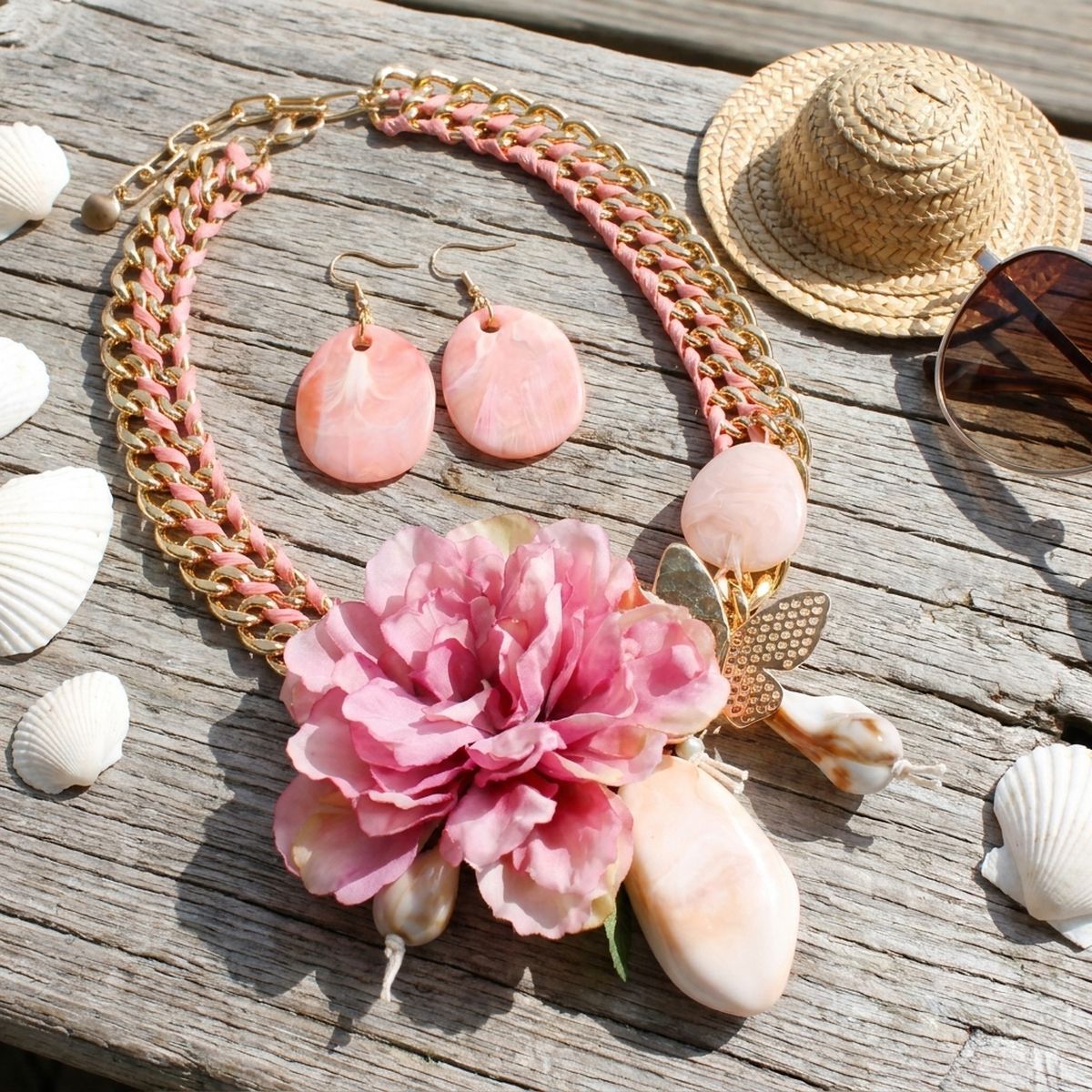 Pink Peony &amp; Butterfly Double Chain Collar Necklace &amp; Earring Set
