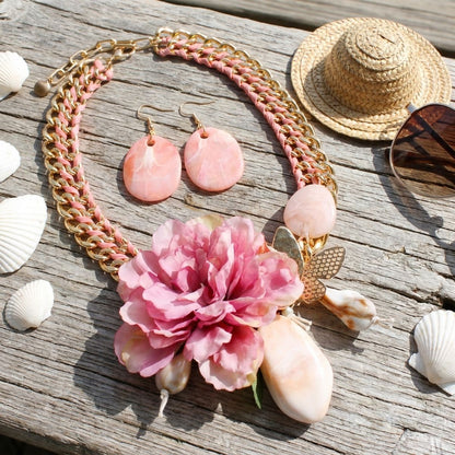 Pink Peony &amp; Butterfly Double Chain Collar Necklace &amp; Earring Set