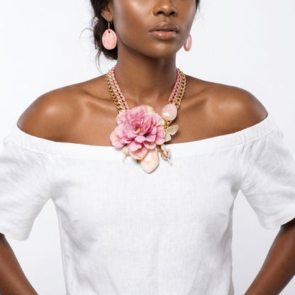 Pink Peony &amp; Butterfly Double Chain Collar Necklace &amp; Earring Set