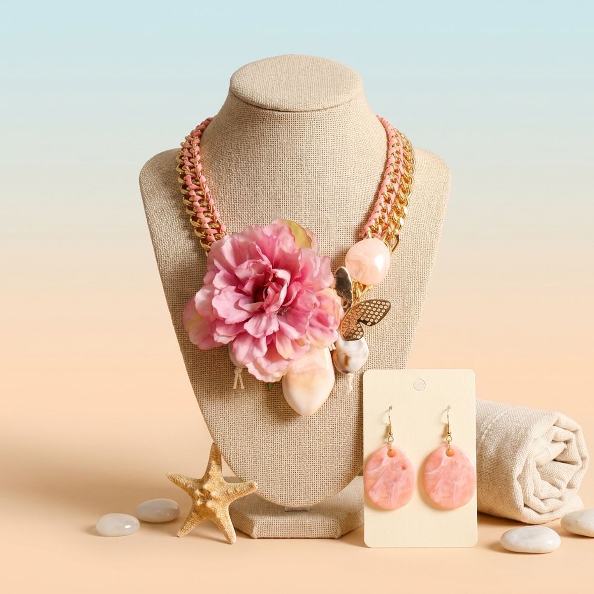 Pink Peony &amp; Butterfly Double Chain Collar Necklace &amp; Earring Set