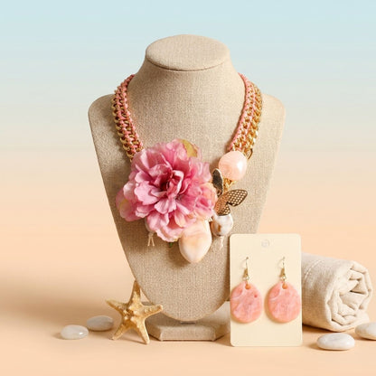 Pink Peony &amp; Butterfly Double Chain Collar Necklace &amp; Earring Set