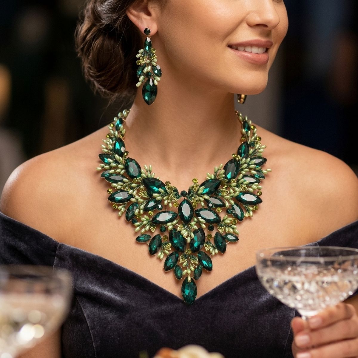 Emerald Green Glass Crystal Floral Bib Necklace &amp; Earring Set