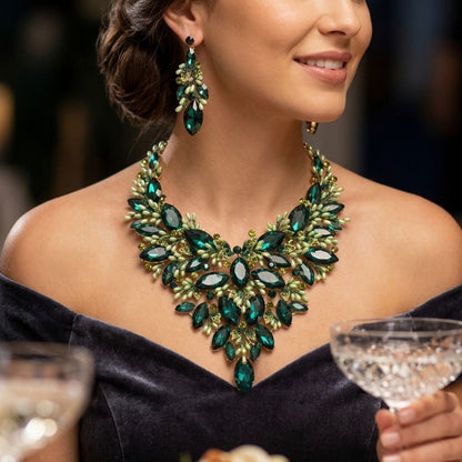 Emerald Green Glass Crystal Floral Bib Necklace &amp; Earring Set