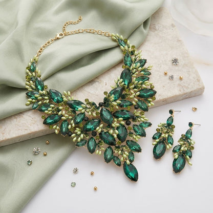 Emerald Green Glass Crystal Floral Bib Necklace &amp; Earring Set